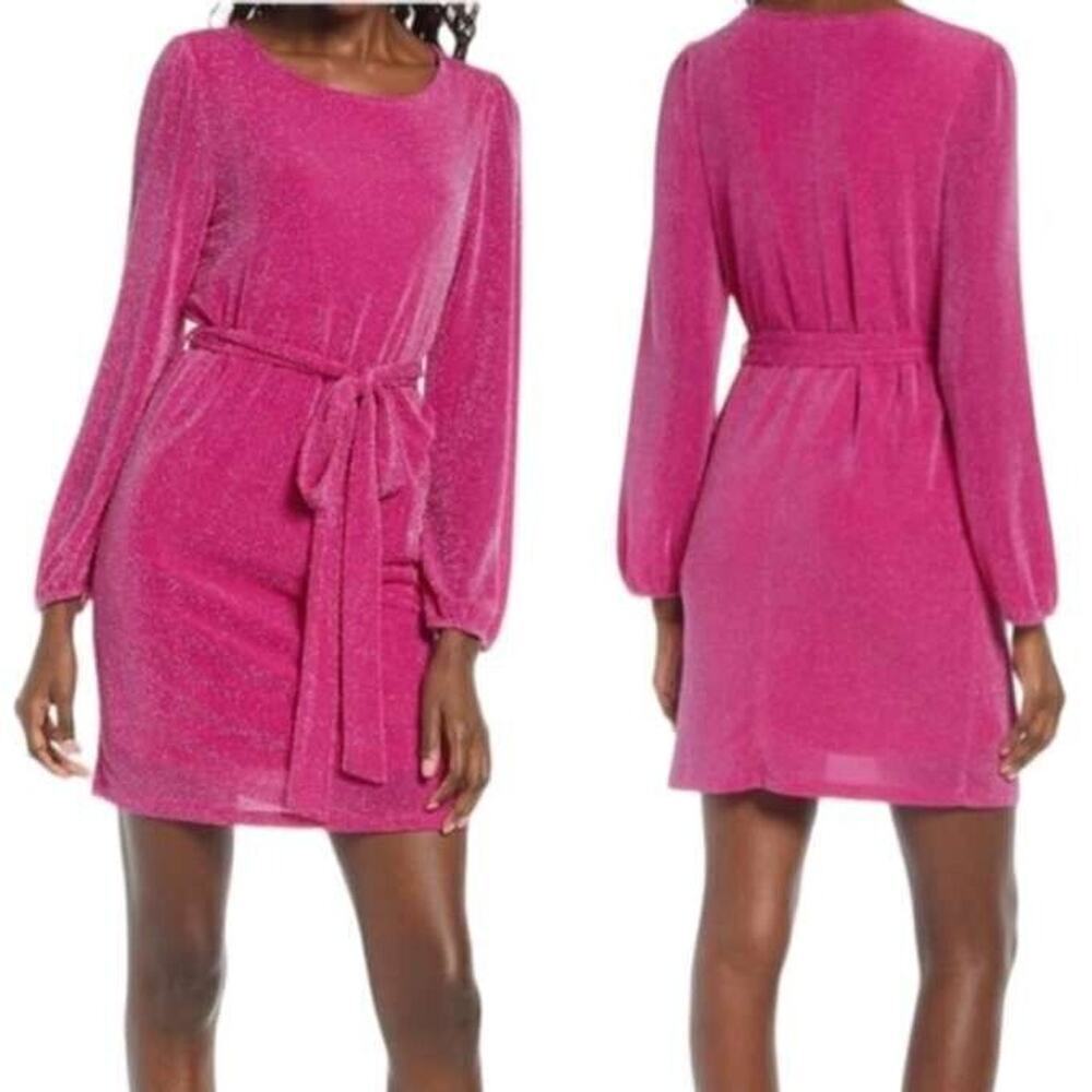 Fraiche By J Sparkle Pink GLITTER Mini Party Dress Belt holiday size Small tie